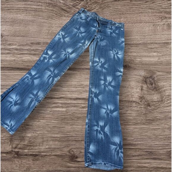 None Denim - Low Rise Wide Leg Stretch Hippie Bleach Print Jeans